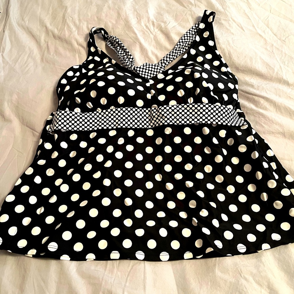 Pure Energy Bathing Suit Top Size 18W Black with white polka dots